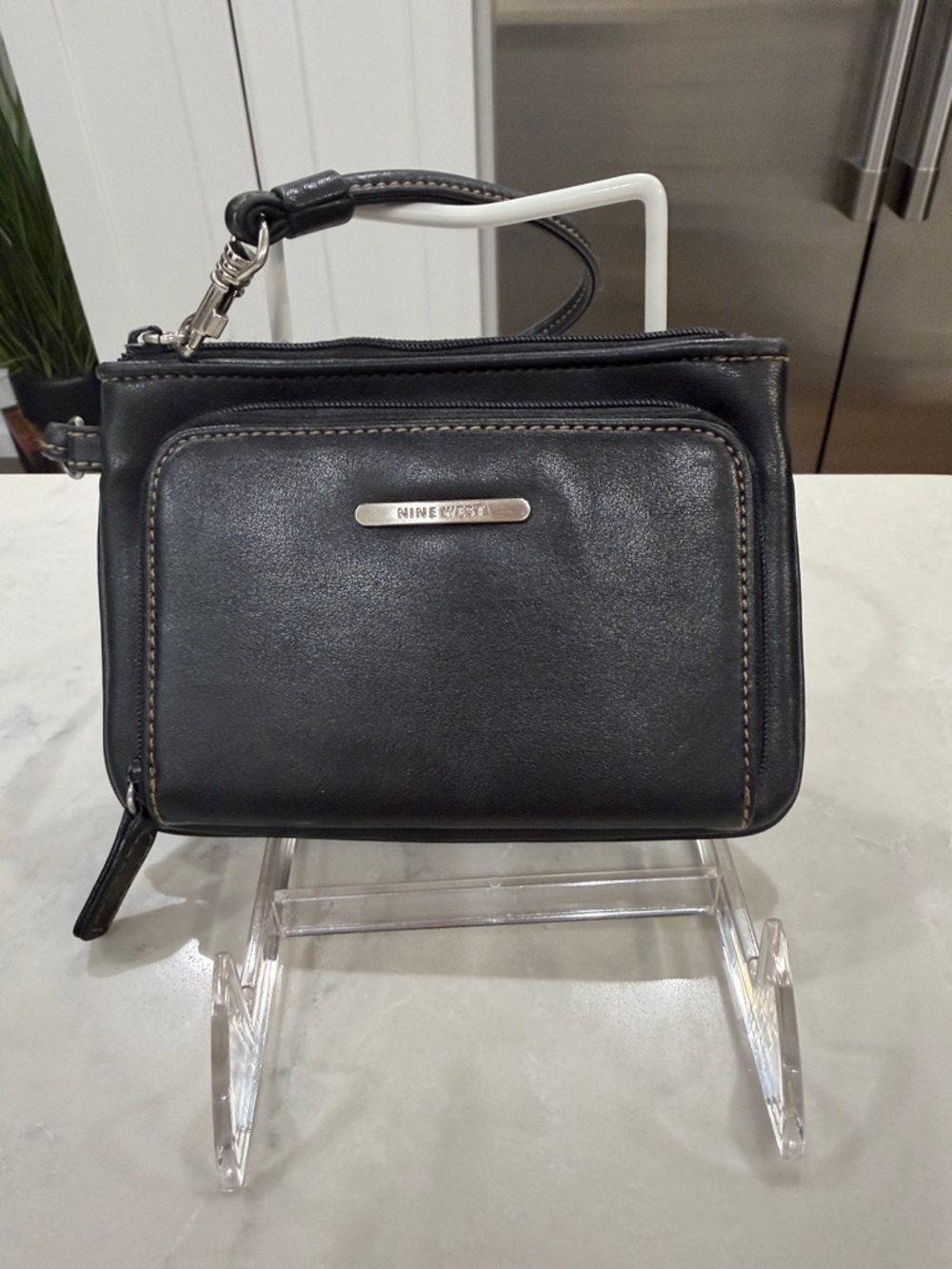 Nine West Black Leather Wristlet Pouch with Front Zip
